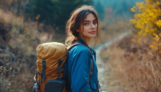 Close up of young attractive woman hiking in mountain