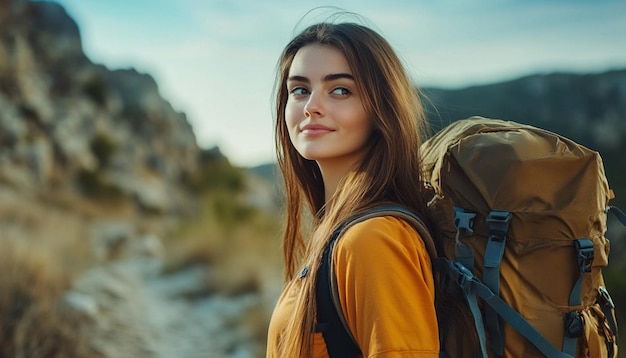 Close up of young attractive woman hiking in mountain