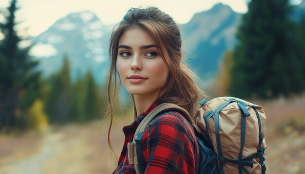 Close up of young attractive woman hiking in mountain