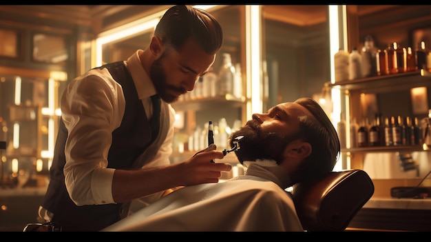 Close up of young bearded man having beard hair cut by hairdresser or barber in barbershop