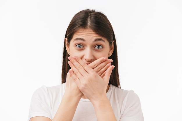 Close up of a young beautiful woman isolated, cover mouth with hands