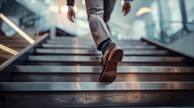 Photo close up young businessman feet sprinting up stairs office middle image