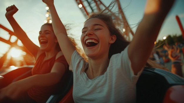 Photo close up of young emotional people expressing thrill and excitement in a lively environment