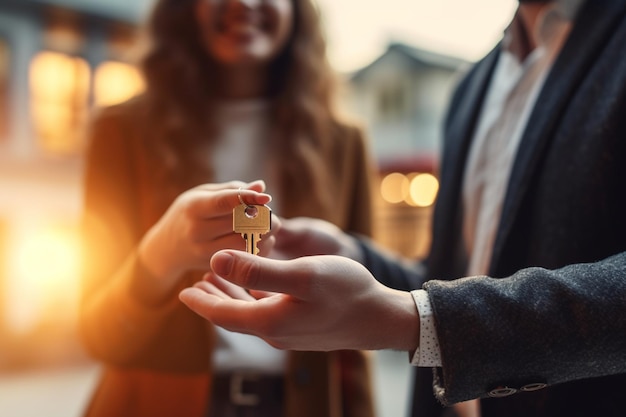 Close up young female real estate agent giving keys to happy buyer