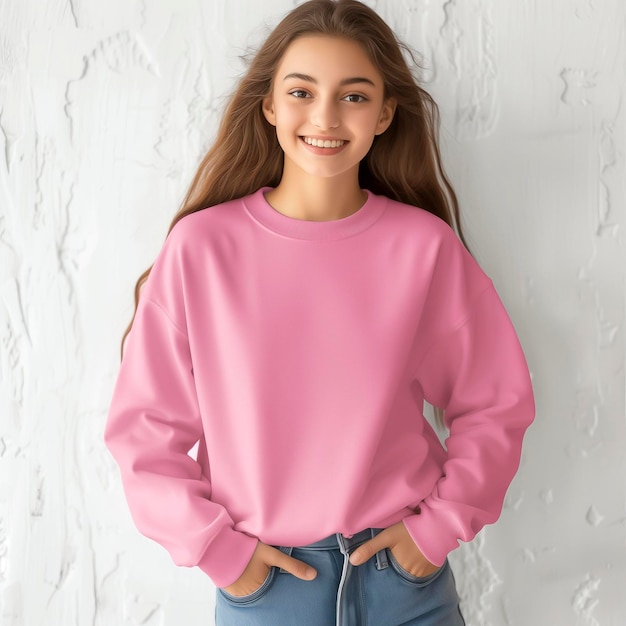 A close up of a young girl wearing a pink sweatshirt and jeans Pink tshirt mockup flat lay