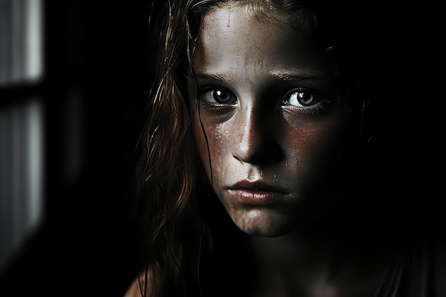 a close up of a young girl with tears on her face