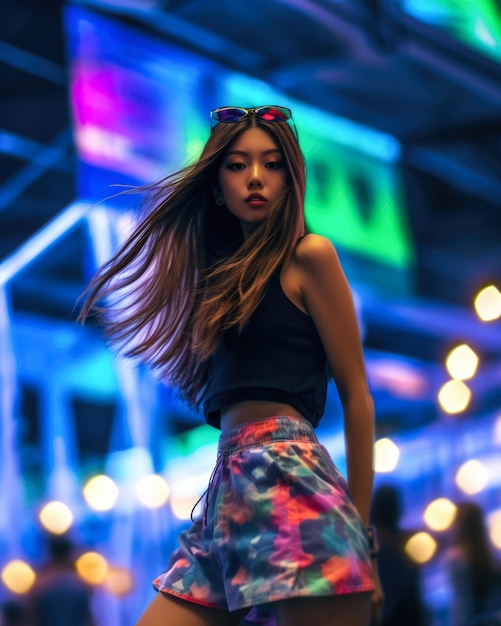 Close up of a young Korean woman dancing at a concert