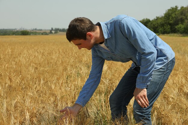 Close up on young man in barley field