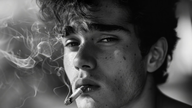 Close up young man smoking a cigarette