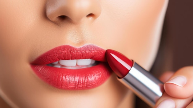 Close up of a young woman applying lipstick