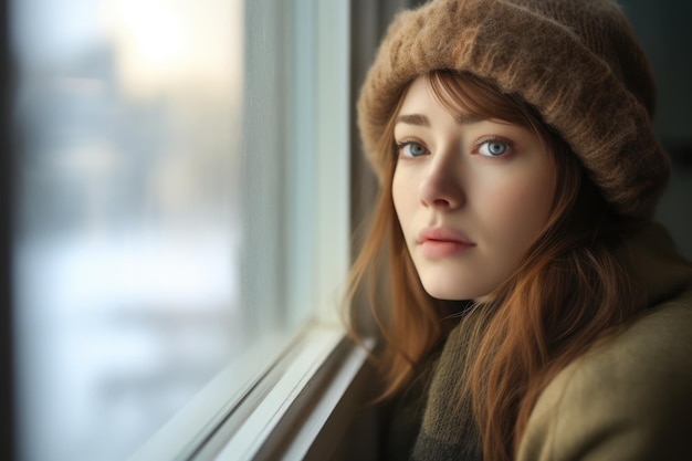 Close up of a young woman contemplating a winter scene from her window