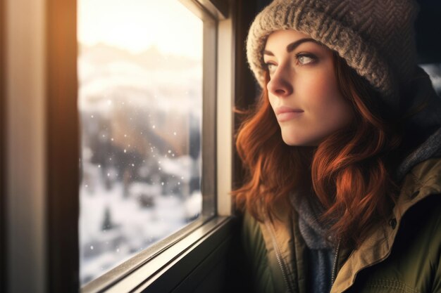 Close up of a young woman contemplating a winter scene from her window