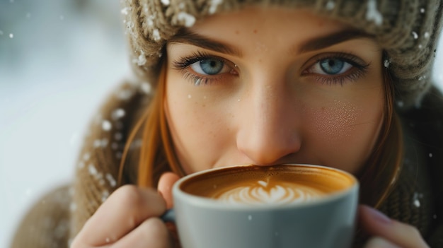 Close up young woman drinking frothy cappuccino coffee outdoors in warm clothes during snowfall