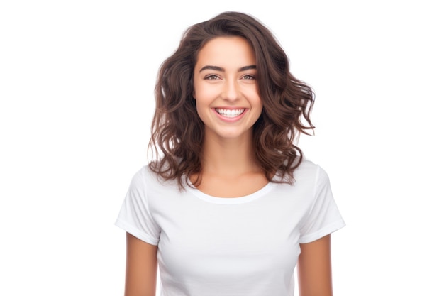 Close up of a young woman smiling and wearing a white tshirt on a white background