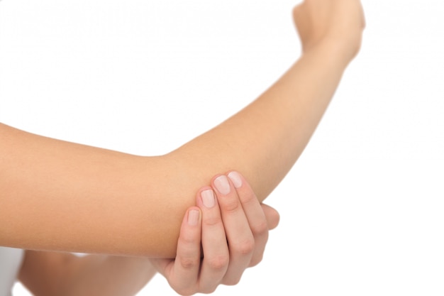 Photo close up of young woman with a sore elbow