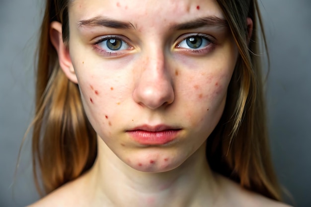 Close up of young woman with visible acne and redness