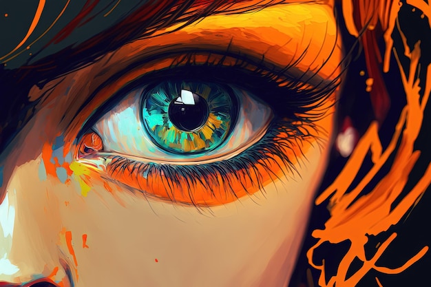 Close up of a young womans open eye electronic painting