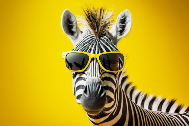 Close up of zebra wearing pair of sunglasses with yellow background Generative AI