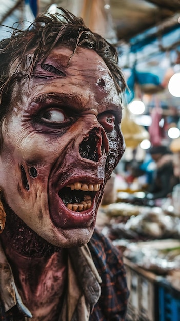 Close up on zombie in market