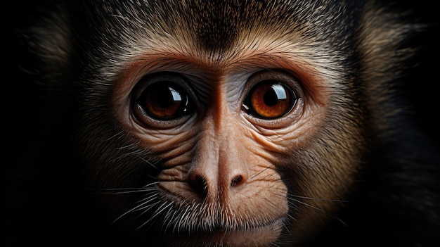 Close up zoom shot of a charming Capuchin monkey with piercing eyes and black background