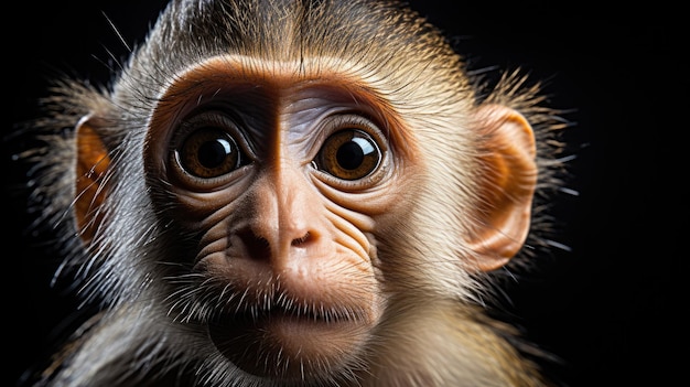 Close up zoom shot of a charming Capuchin monkey with piercing eyes and black background