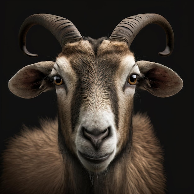 A close up zoomed image of a goat face big horns and brownwhite colored