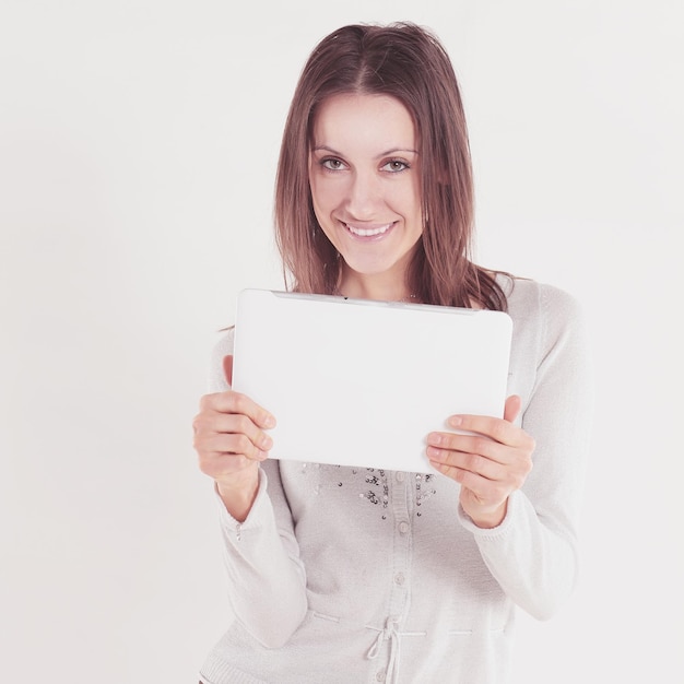 Close upcreative woman with digital tablet on white backgroundphoto with copy space