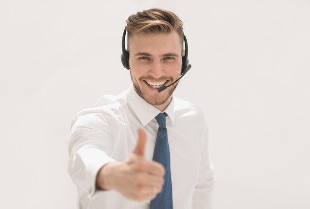 Close upemployee call center showing thumb upisolated on white