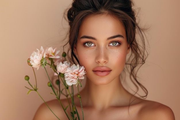 Close ups of a womans face and flowers