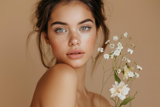 Photo close ups of a womans face and flowers