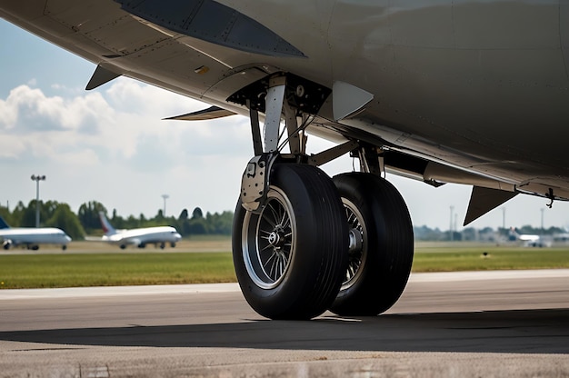 Photo close view of aeroplane wheels aeroplane commercial bokeh photo