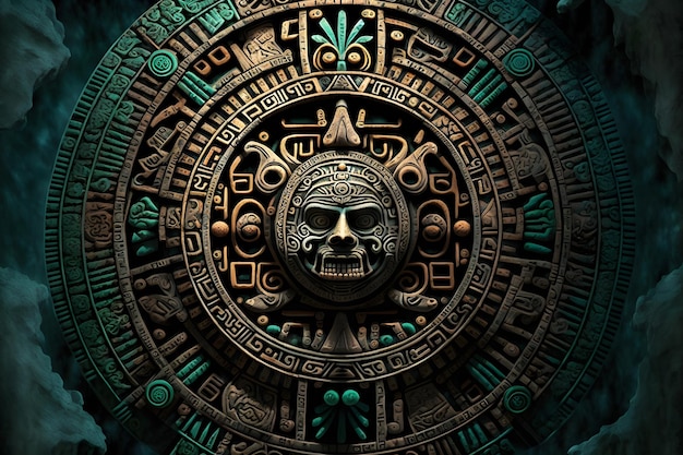 Close view of the ancient Aztec mayan calendar with round pattern and relief on stone surface Neural network generated art