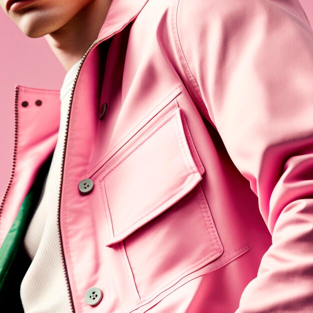 Photo close view of a man's pink jacket pocket on a pink background generative ai