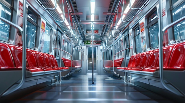 Close view train red seats metal railing