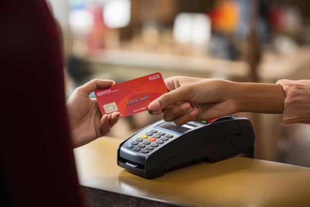 Close view of woman hand with card for payment digital payment concept