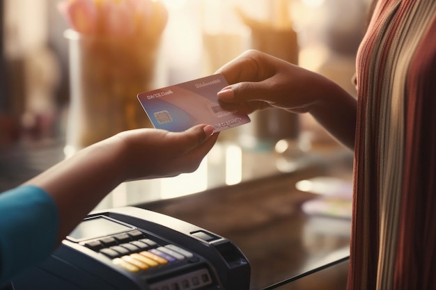 Close view of woman hand with card for payment digital payment concept