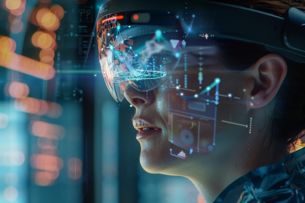 Close view of a woman wearing hightech glasses with vibrant holographic data