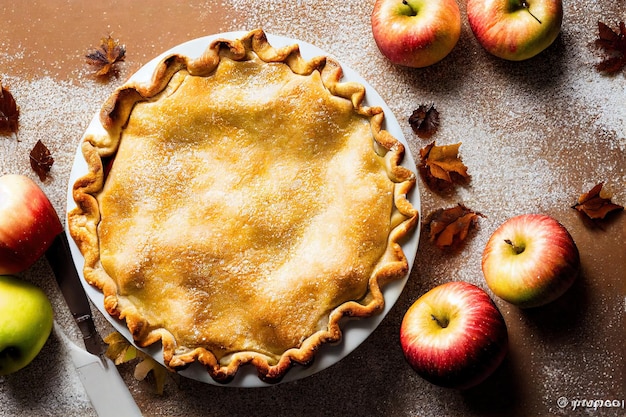 Closed apple pie in flour and powdered sugar on wooden table