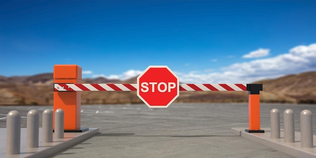 Photo closed barrier gate and stop sign blue sky background 3d illustration