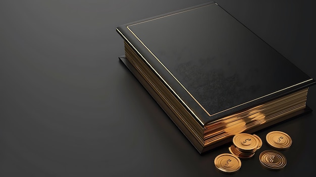 A closed black leatherbound book with gold accents and gold coins lying next to it on a dark background