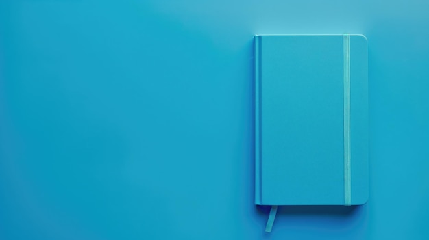 Closed blue notebook with elastic band on background