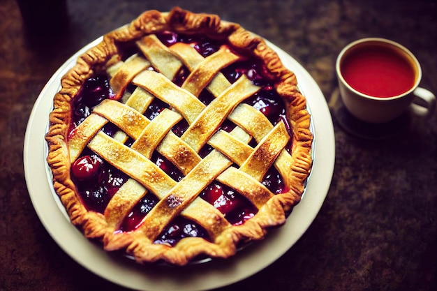 Closed braided cherry pie with juicy cherry filling