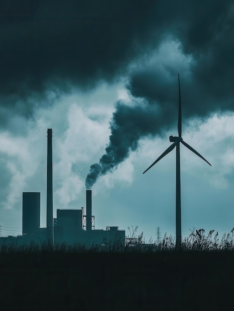 Photo closed coal mines and factories lie in the background while wind turbines symbolize the shift to sustainable energy practices generative ai