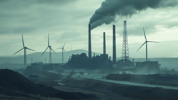 Photo closed coal mines and towering factories contrast with wind turbines showcasing the shift towards renewable energy in the industrial landscape generative ai