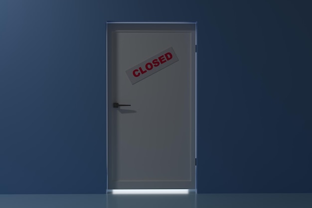 Closed door with a sign A white door with a light on Dead end hopelessness concept 3D render