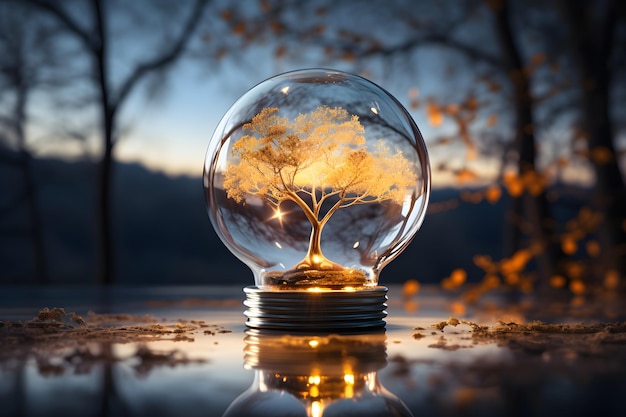 closed ecosystem in a vessel in the form of a lamp against the backdrop of nature ecology