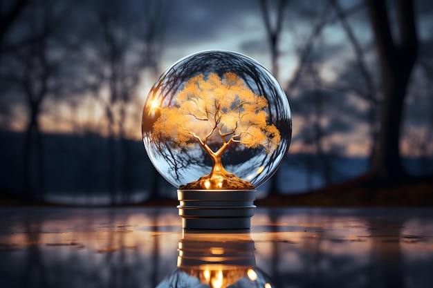 closed ecosystem in a vessel in the form of a lamp against the backdrop of nature ecology