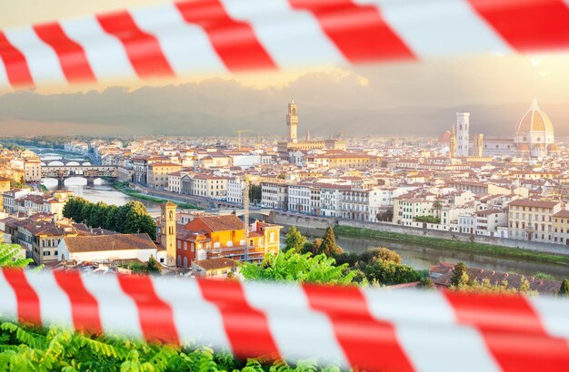 Closed historical Italian sightseeing Firenze landmarks with warning tape Cityscape skyline of Florence Italy