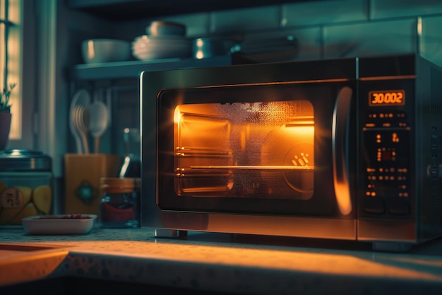 Photo closed microwave in a sleek kitchen