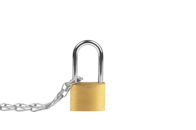 Closed padlock and a chain isolated on a white background